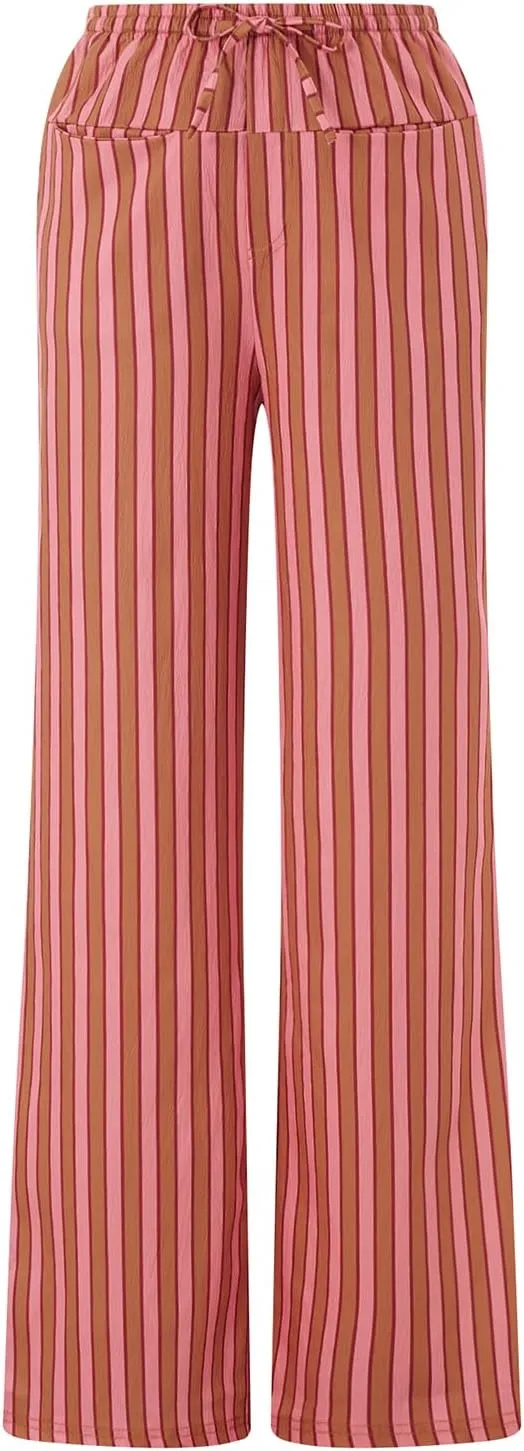Womens Striped Wide Leg Pants Casual Loose Elastic High Waist Drawstring Trousers Lounge Pajama Pants Bottoms