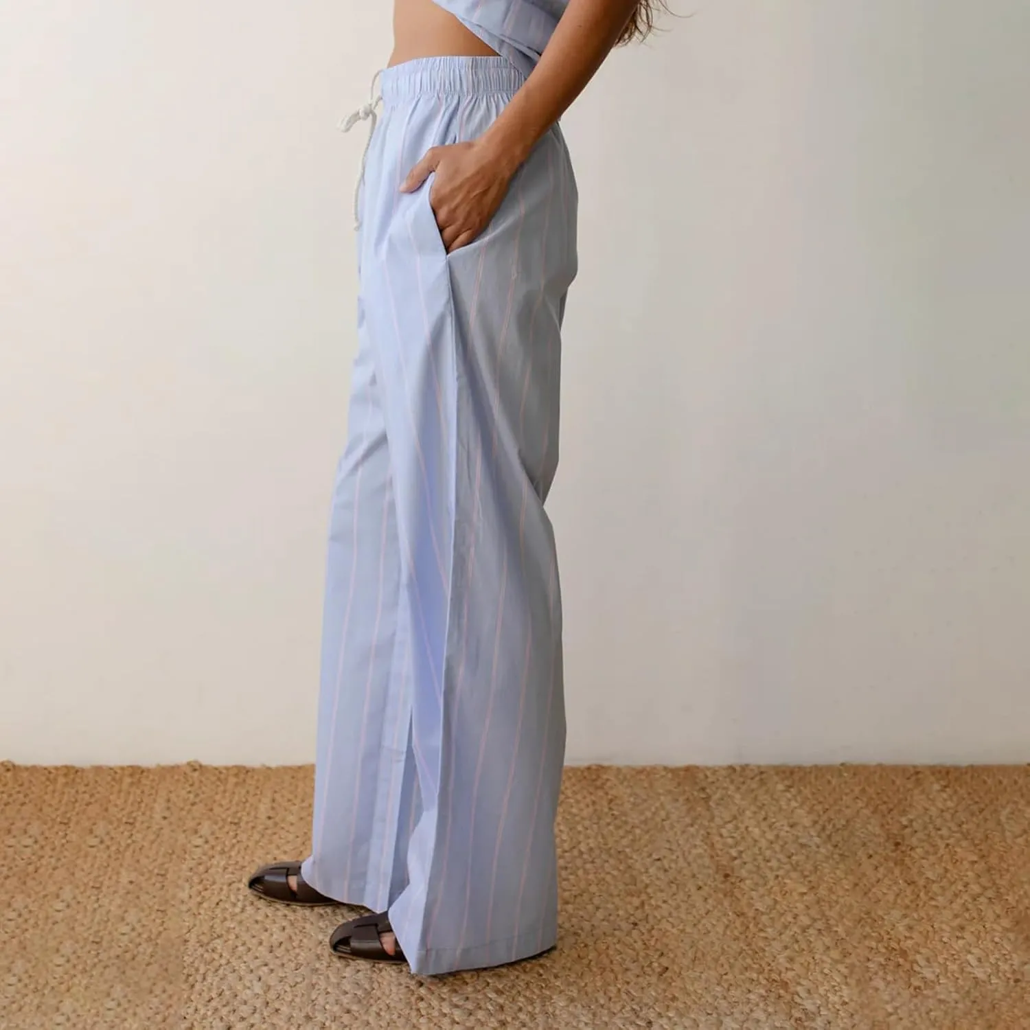 Womens Striped Wide Leg Pants Casual Loose Elastic High Waist Drawstring Trousers Lounge Pajama Pants Bottoms