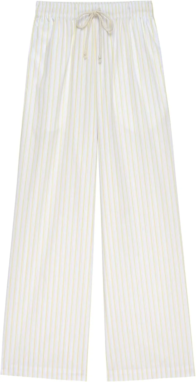 Womens Striped Wide Leg Pants Casual Loose Elastic High Waist Drawstring Trousers Lounge Pajama Pants Bottoms