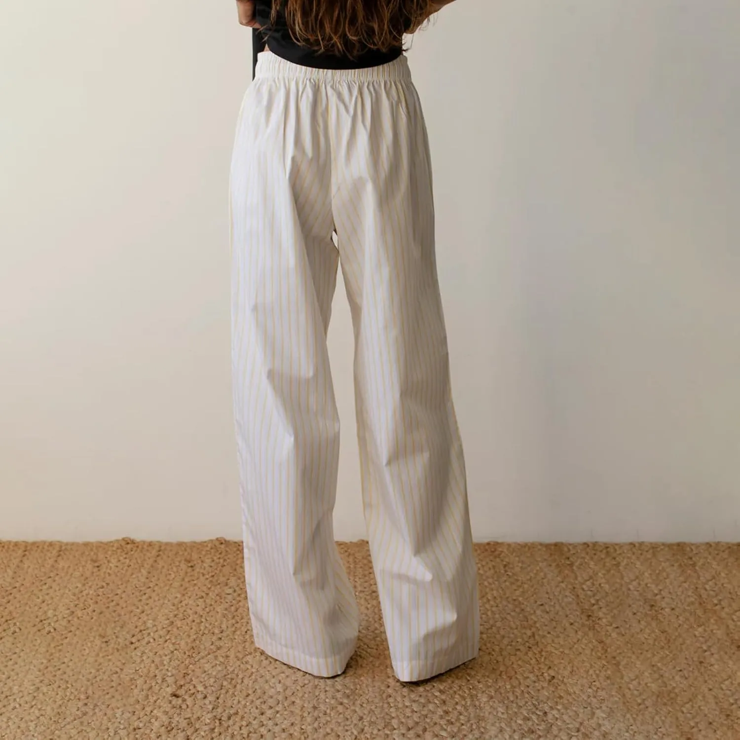 Womens Striped Wide Leg Pants Casual Loose Elastic High Waist Drawstring Trousers Lounge Pajama Pants Bottoms