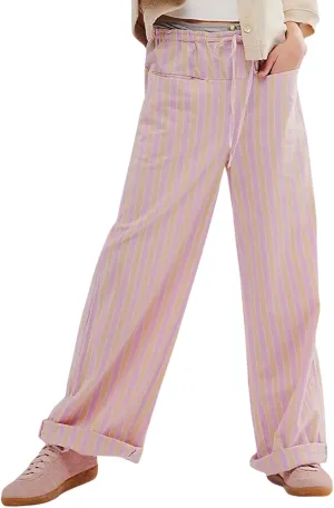 Womens Striped Wide Leg Pants Casual Loose Elastic High Waist Drawstring Trousers Lounge Pajama Pants Bottoms