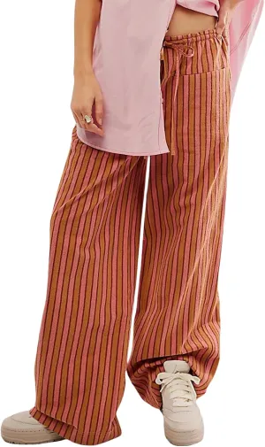 Womens Striped Wide Leg Pants Casual Loose Elastic High Waist Drawstring Trousers Lounge Pajama Pants Bottoms