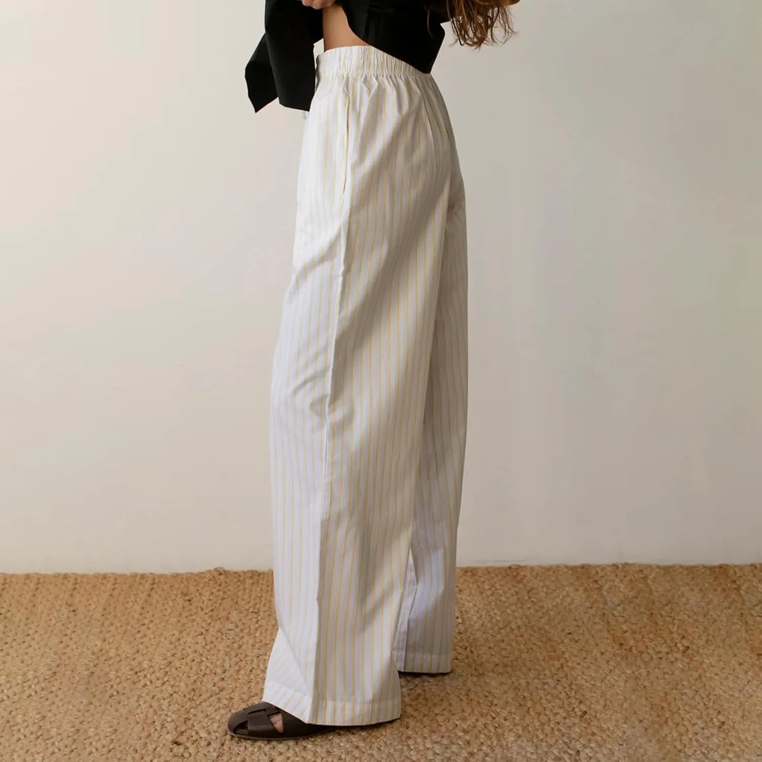 Womens Striped Wide Leg Pants Casual Loose Elastic High Waist Drawstring Trousers Lounge Pajama Pants Bottoms