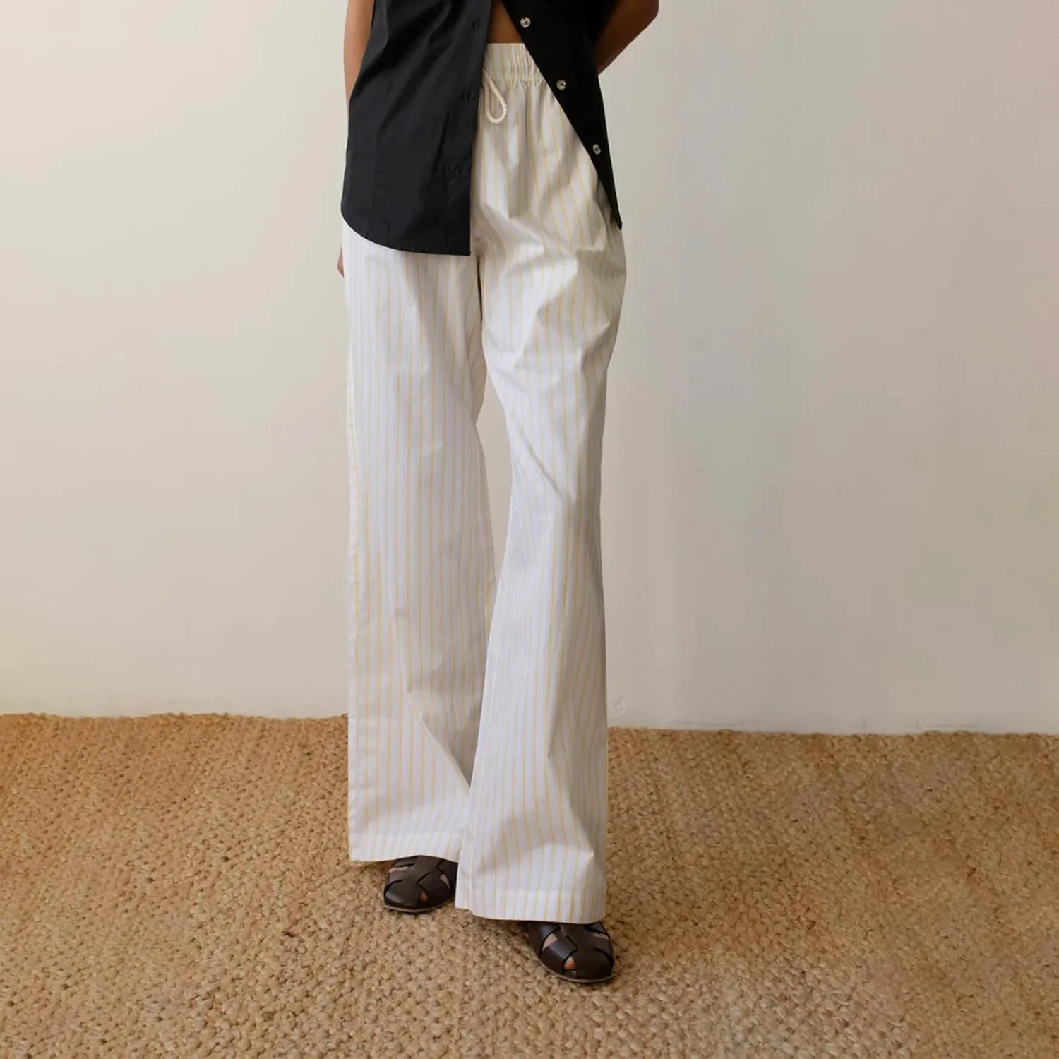 Womens Striped Wide Leg Pants Casual Loose Elastic High Waist Drawstring Trousers Lounge Pajama Pants Bottoms