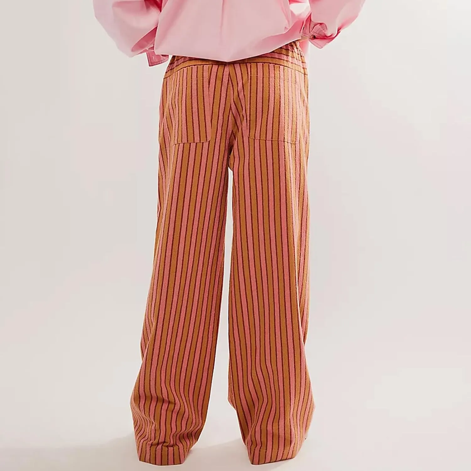 Womens Striped Wide Leg Pants Casual Loose Elastic High Waist Drawstring Trousers Lounge Pajama Pants Bottoms