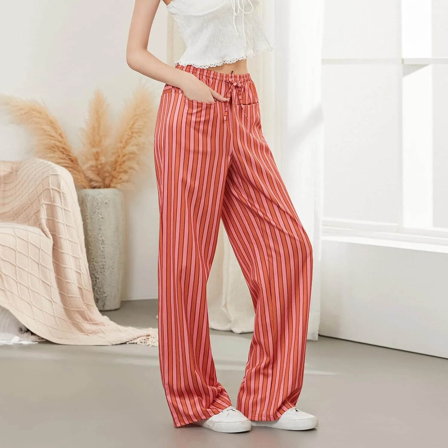 Womens Striped Wide Leg Pants Casual Loose Elastic High Waist Drawstring Trousers Lounge Pajama Pants Bottoms