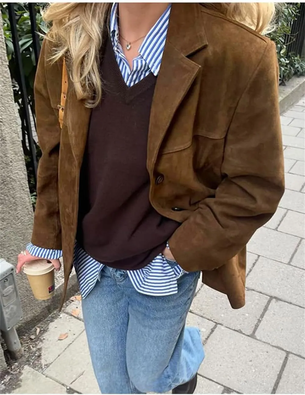 Women's Suede Jacket - Vintage Brown Suede Winter Jacket Old Money Aesthetic Faux Leather Suede Coat Women Y2k Outerwear
