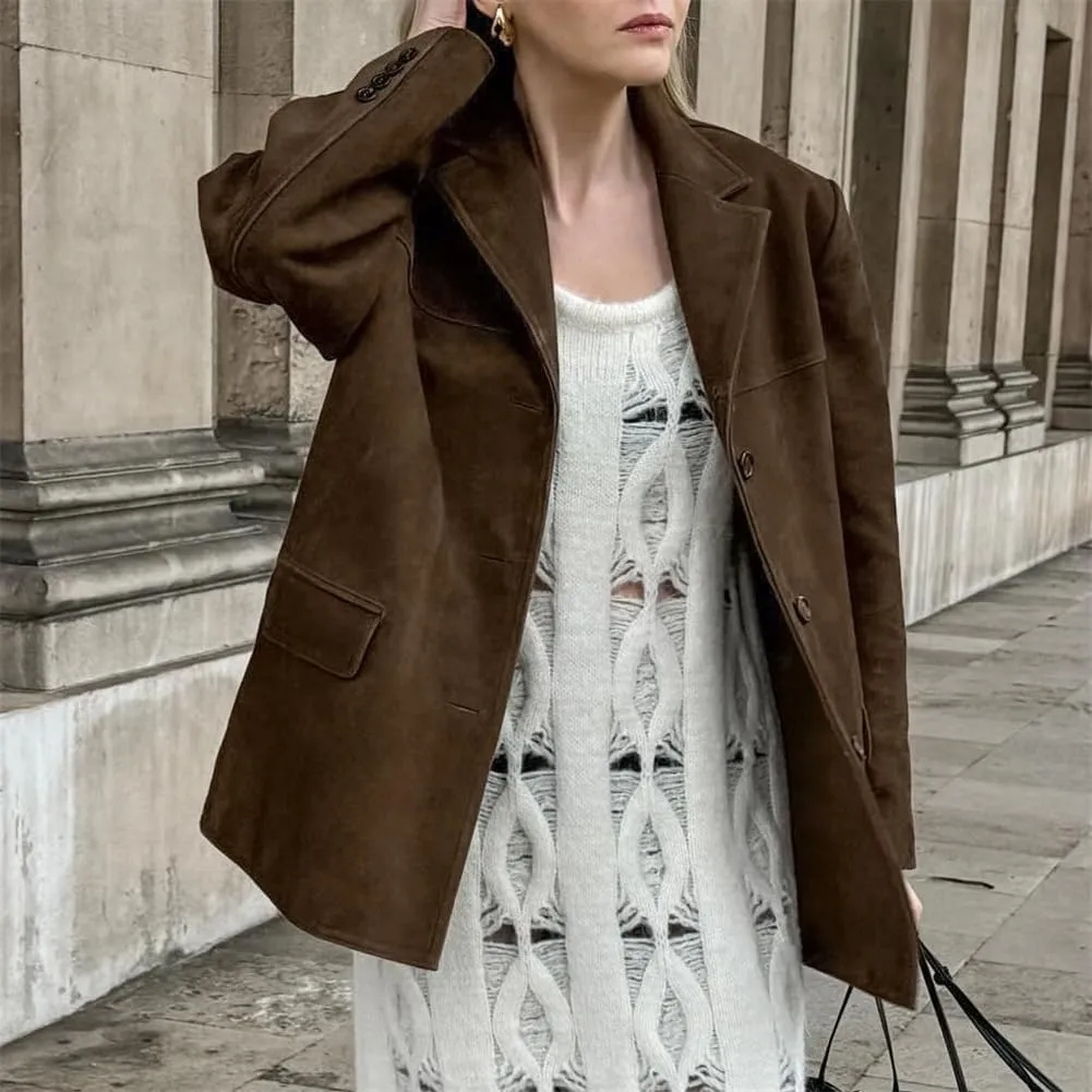 Women's Suede Jacket - Vintage Brown Suede Winter Jacket Old Money Aesthetic Faux Leather Suede Coat Women Y2k Outerwear