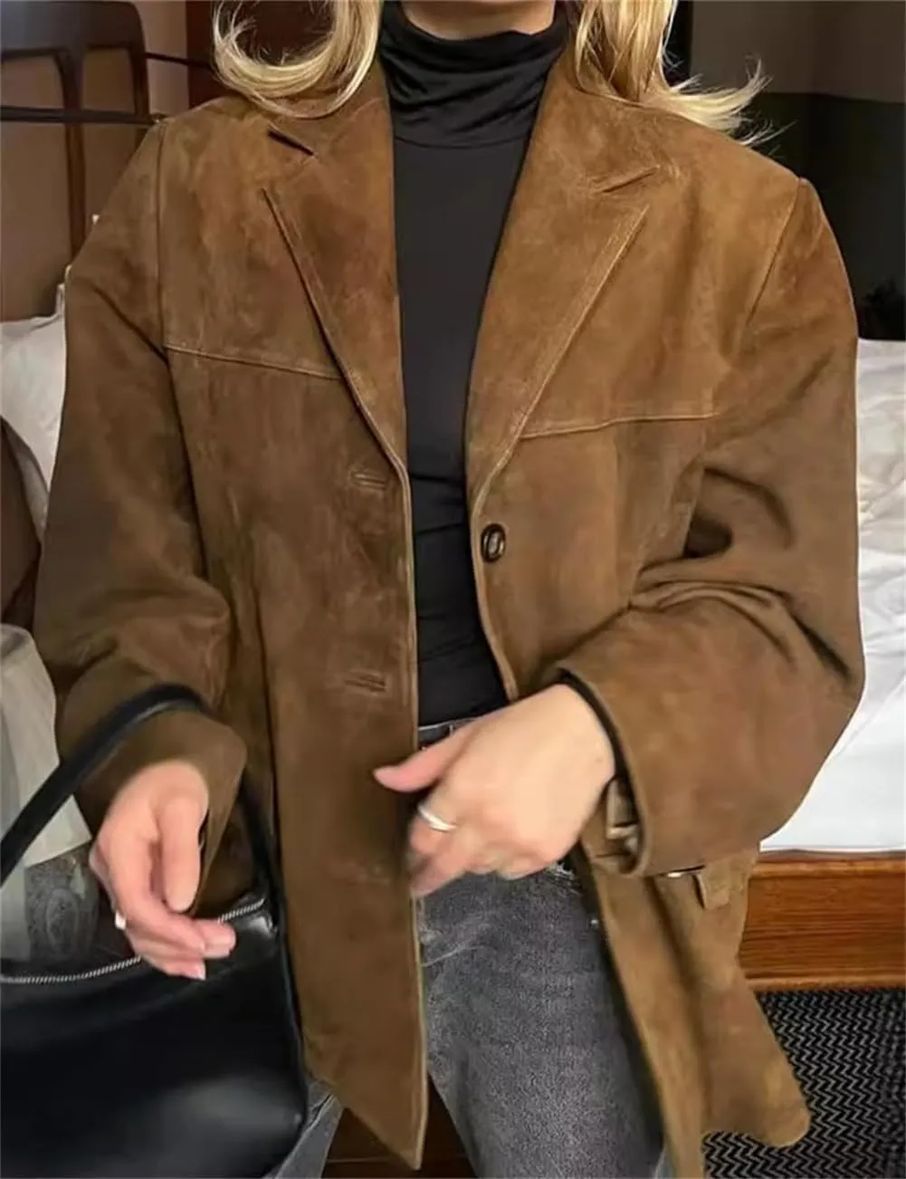 Women's Suede Jacket - Vintage Brown Suede Winter Jacket Old Money Aesthetic Faux Leather Suede Coat Women Y2k Outerwear