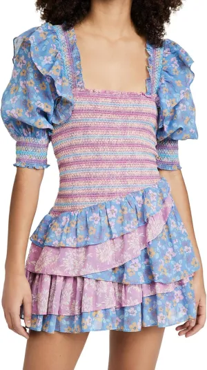 Women's Summer A-Line Dress - Short Puff Sleeve, Smocked Mini Dress with Layered Ruffles