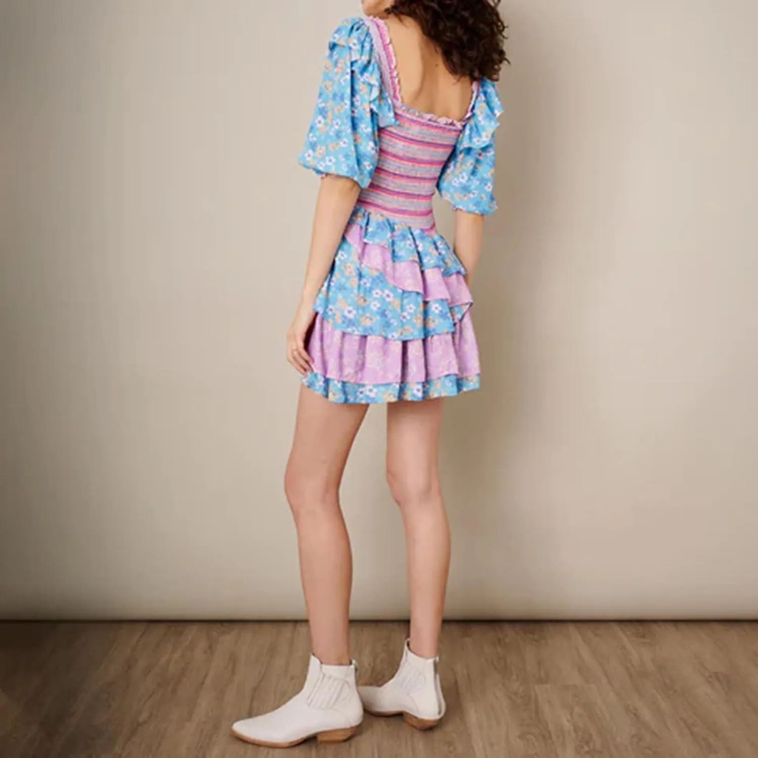 Women's Summer A-Line Dress - Short Puff Sleeve, Smocked Mini Dress with Layered Ruffles