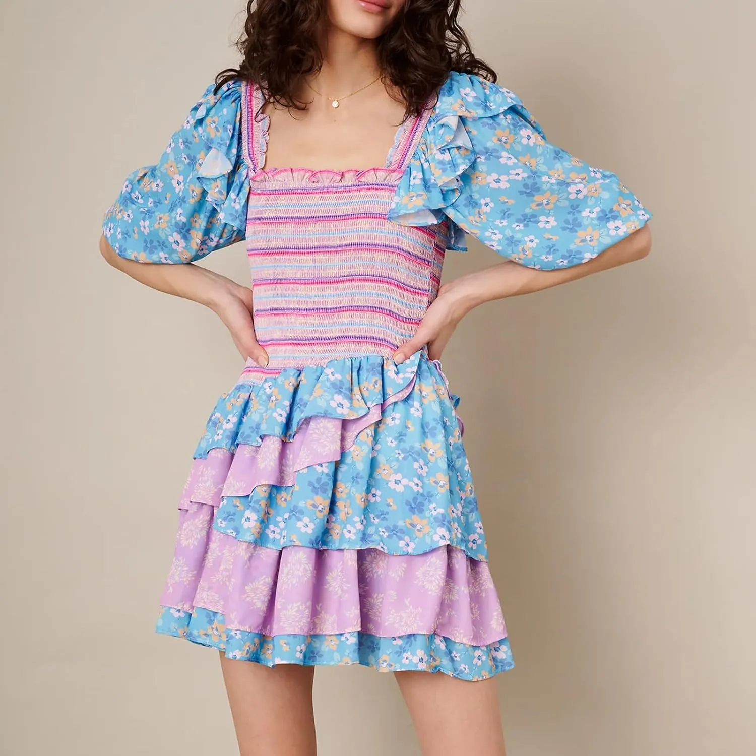Women's Summer A-Line Dress - Short Puff Sleeve, Smocked Mini Dress with Layered Ruffles