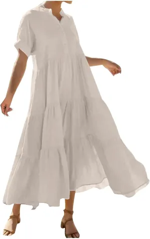 Womens Summer Boho Maxi Dresses 2025 Casual Short Sleeve Button Down Shirts Dress Flowy Tiered Beach Vacation Dress