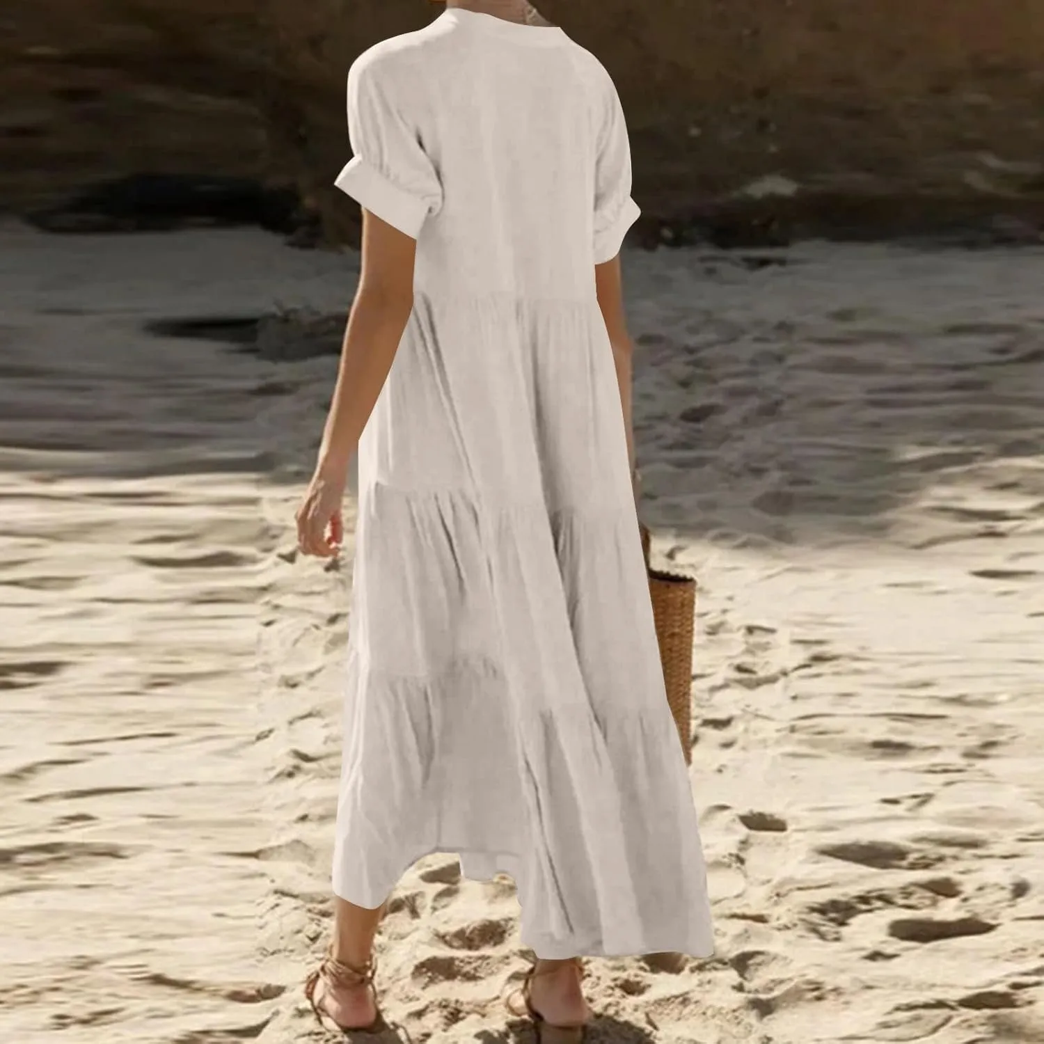 Womens Summer Boho Maxi Dresses 2025 Casual Short Sleeve Button Down Shirts Dress Flowy Tiered Beach Vacation Dress