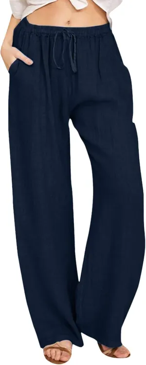 Women's Summer Cotton Linen Pants High Waist Drawstring Wide Leg Ruched Loose Palazzo Pants Lounge Pants Trousers with Pocket