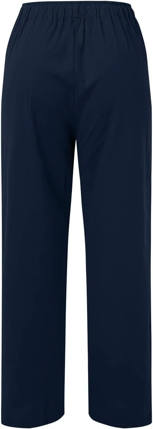 Women's Summer Cotton Linen Pants High Waist Drawstring Wide Leg Ruched Loose Palazzo Pants Lounge Pants Trousers with Pocket