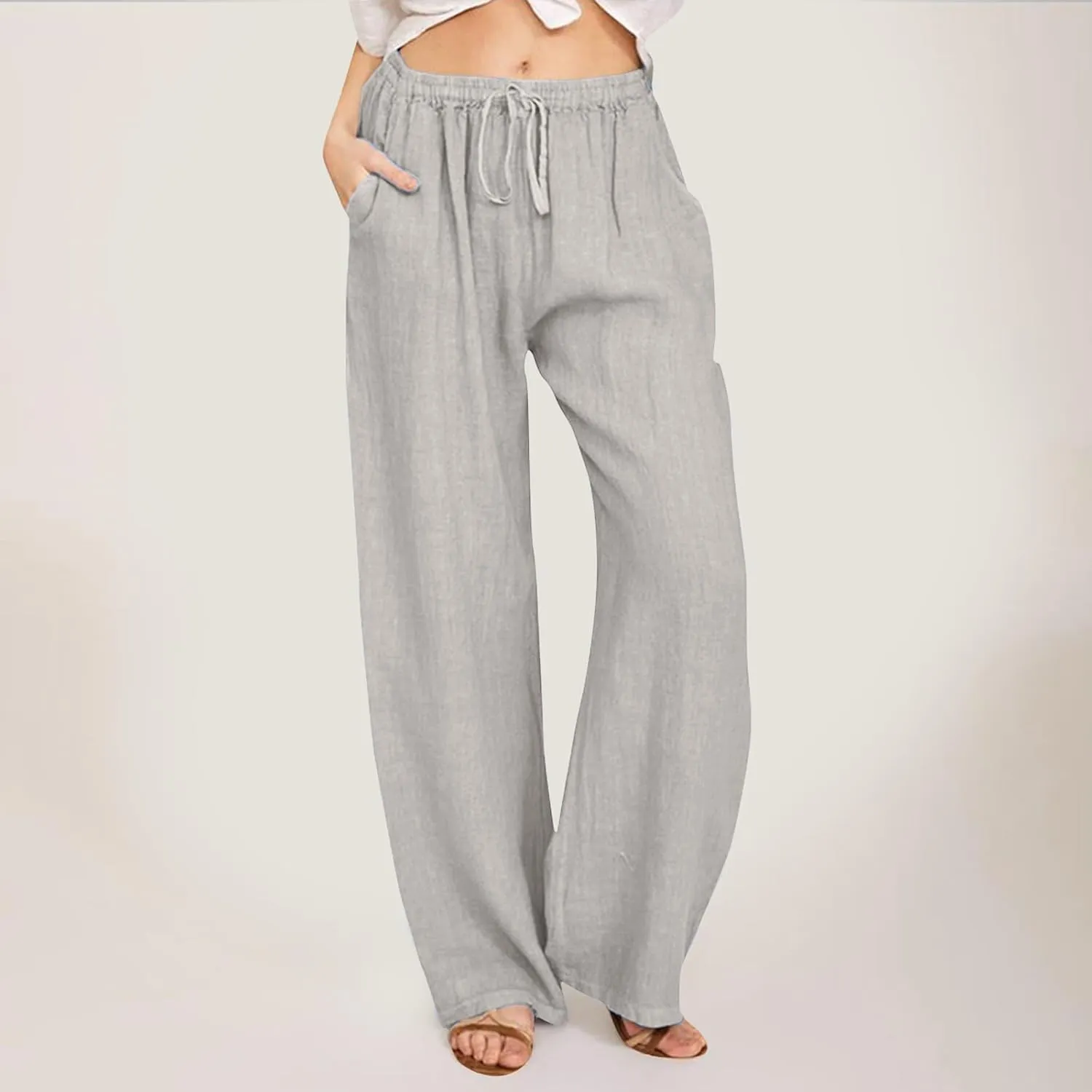 Women's Summer Cotton Linen Pants High Waist Drawstring Wide Leg Ruched Loose Palazzo Pants Lounge Pants Trousers with Pocket