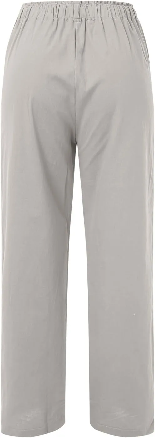 Women's Summer Cotton Linen Pants High Waist Drawstring Wide Leg Ruched Loose Palazzo Pants Lounge Pants Trousers with Pocket