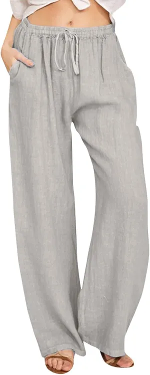 Women's Summer Cotton Linen Pants High Waist Drawstring Wide Leg Ruched Loose Palazzo Pants Lounge Pants Trousers with Pocket