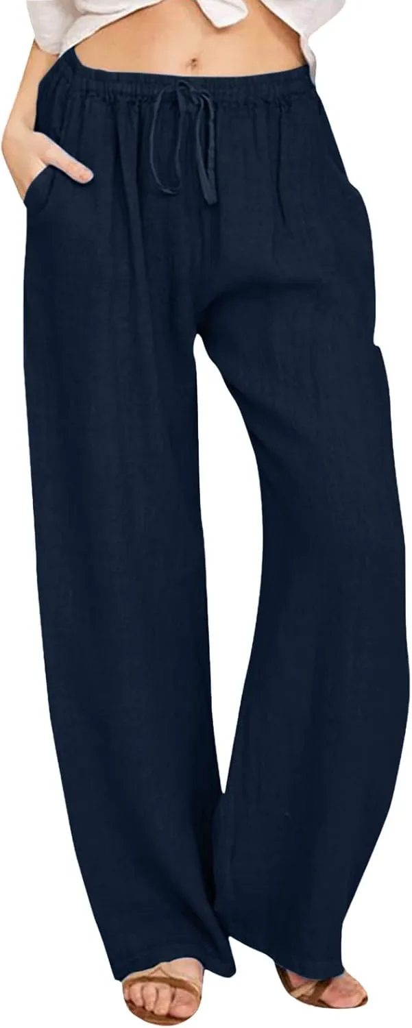 Women's Summer Cotton Linen Pants High Waist Drawstring Wide Leg Ruched Loose Palazzo Pants Lounge Pants Trousers with Pocket