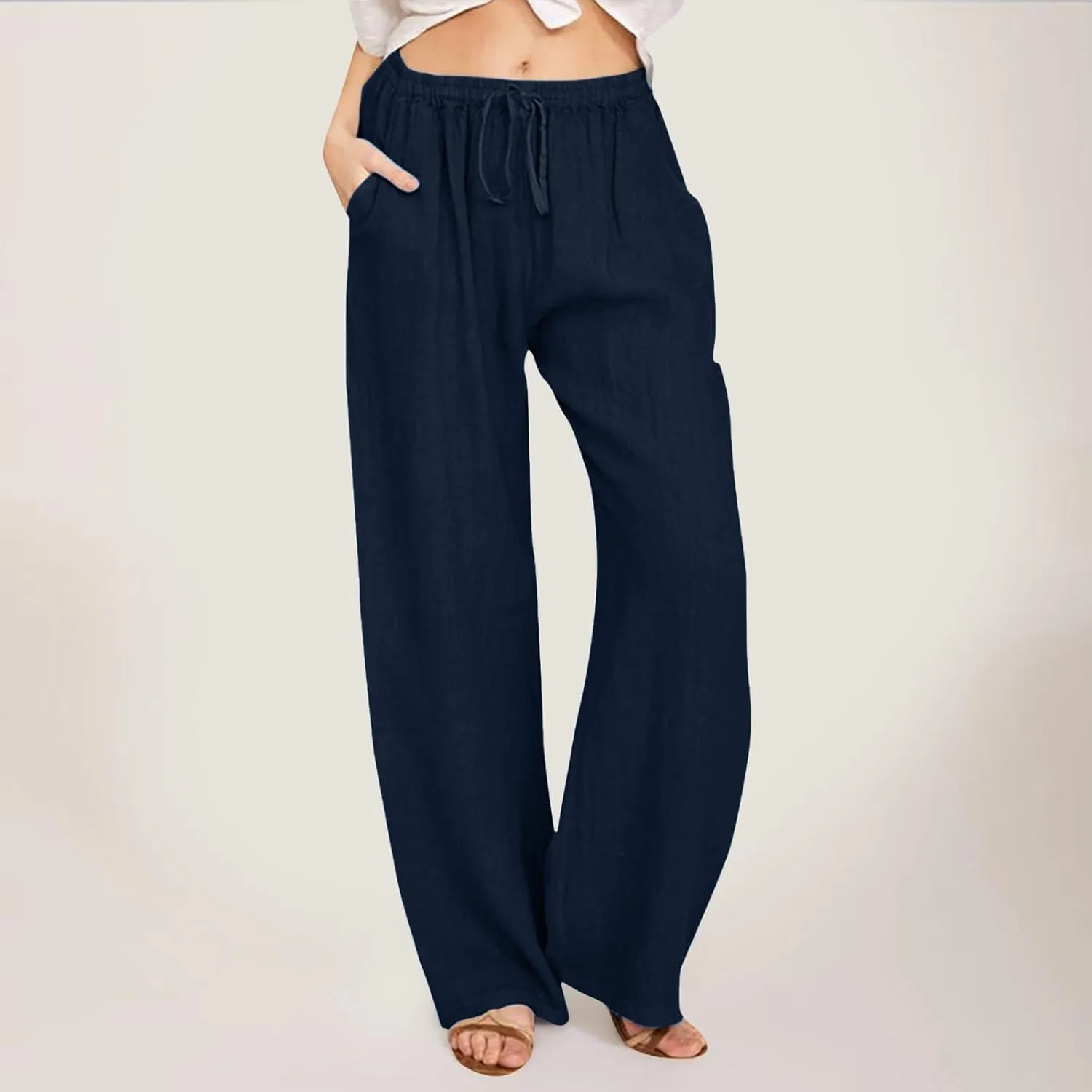Women's Summer Cotton Linen Pants High Waist Drawstring Wide Leg Ruched Loose Palazzo Pants Lounge Pants Trousers with Pocket