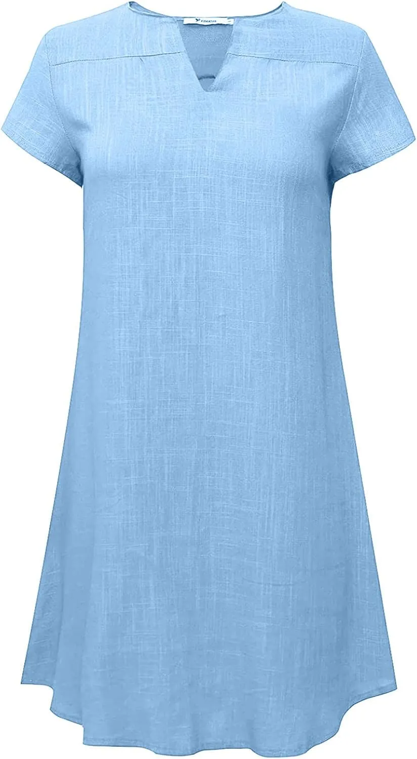 Womens Summer Cotton Linen V Neck Short Dress Short Sleeve Mini Dress Casual Loose Tshirt Dress Plus Size Sundress