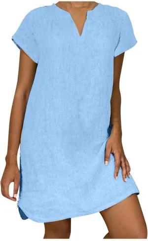 Womens Summer Cotton Linen V Neck Short Dress Short Sleeve Mini Dress Casual Loose Tshirt Dress Plus Size Sundress