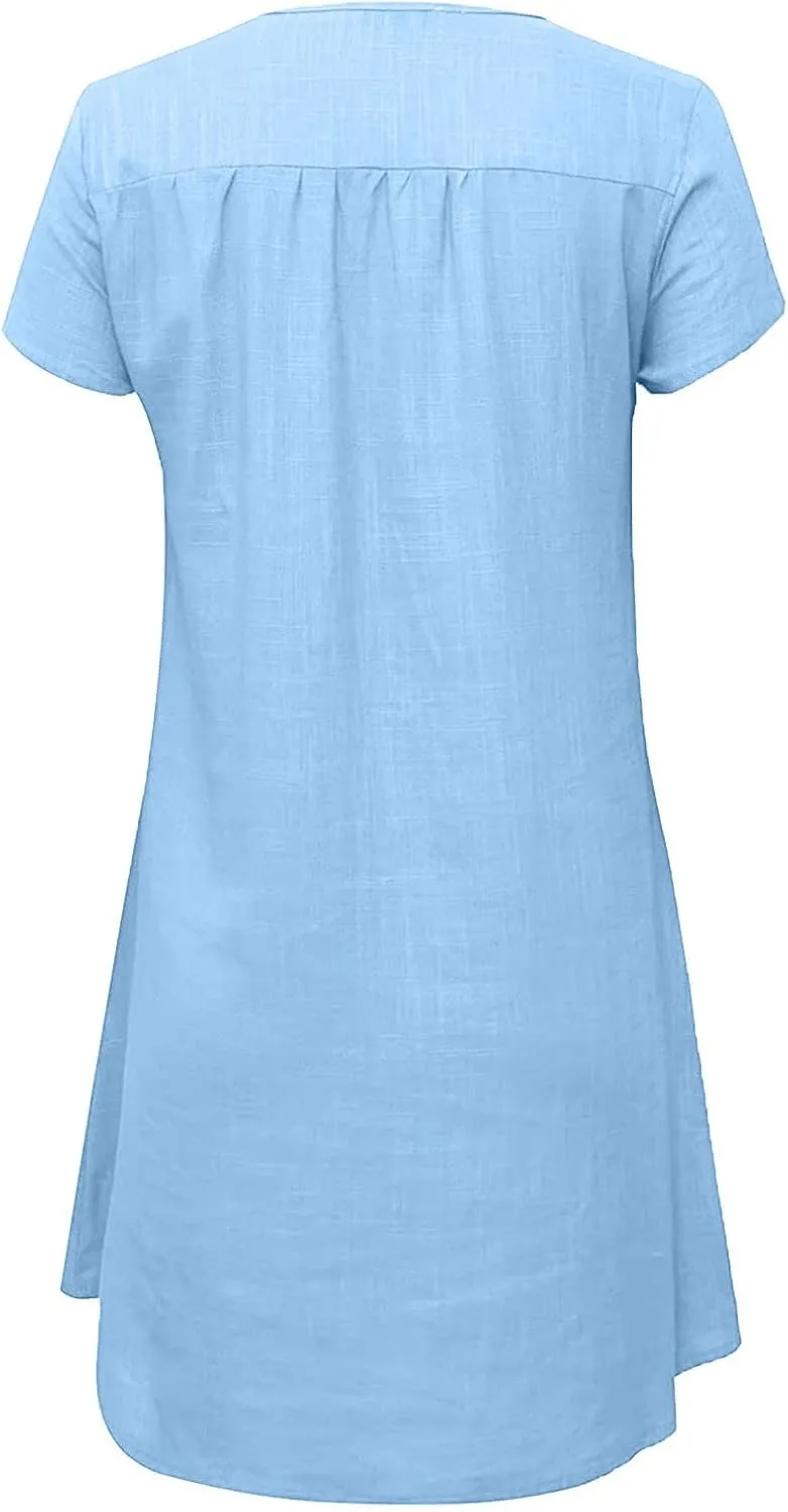 Womens Summer Cotton Linen V Neck Short Dress Short Sleeve Mini Dress Casual Loose Tshirt Dress Plus Size Sundress