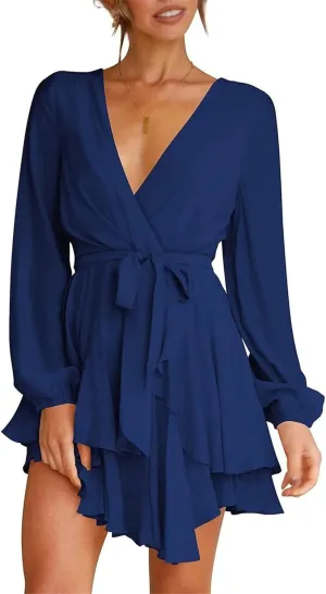 Women's Summer Dress Dexy Deep V-Neck Dress A-Line Knotted Dress Casual Ruched Ruffle Dress Long Sleeve Midi Dress