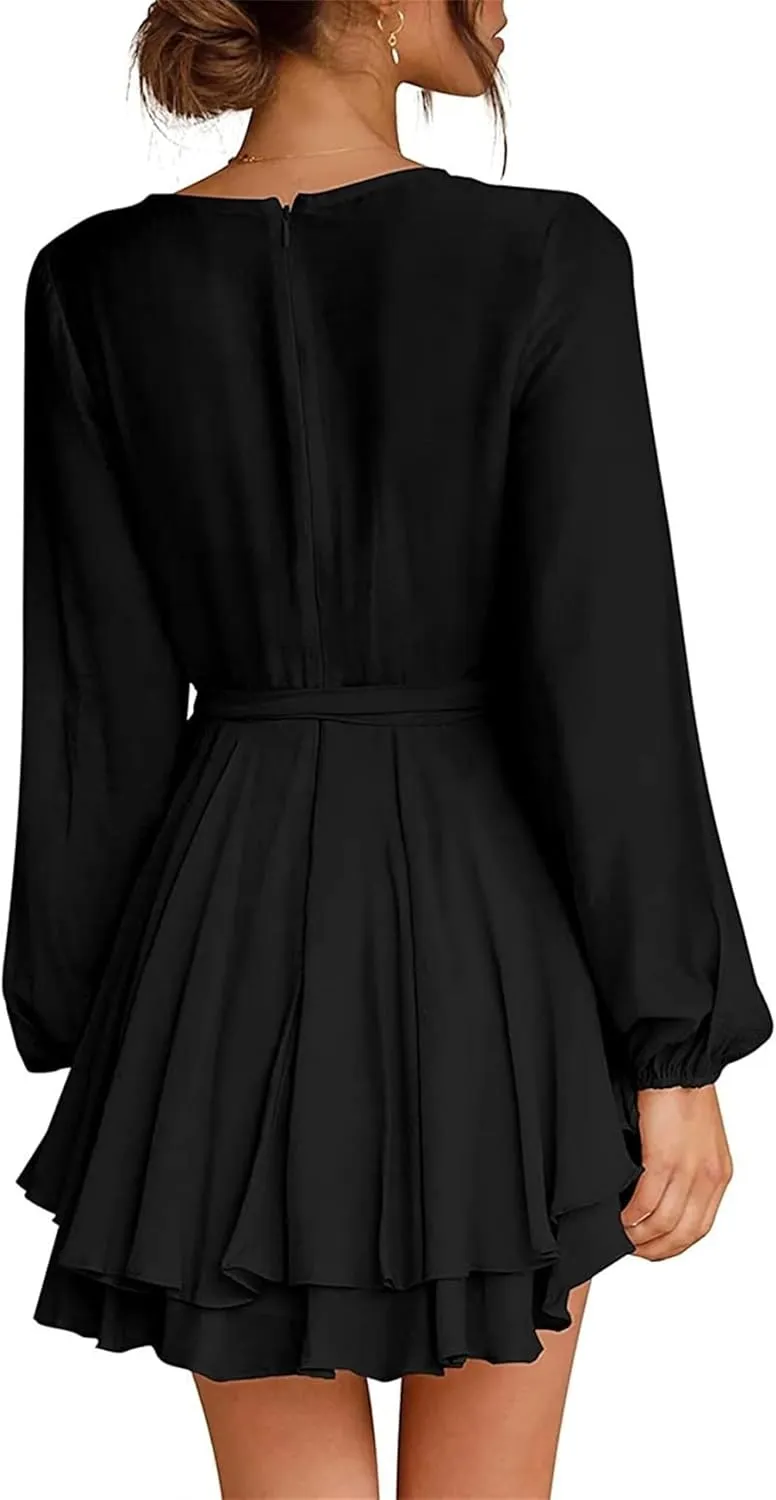 Women's Summer Dress Dexy Deep V-Neck Dress A-Line Knotted Dress Casual Ruched Ruffle Dress Long Sleeve Midi Dress