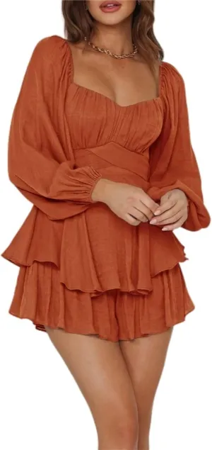 Women's Summer Dress Dexy Deep V-Neck Dress A-Line Knotted Dress Casual Ruched Ruffle Dress Long Sleeve Midi Dress