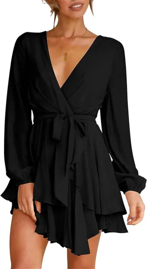 Women's Summer Dress Dexy Deep V-Neck Dress A-Line Knotted Dress Casual Ruched Ruffle Dress Long Sleeve Midi Dress