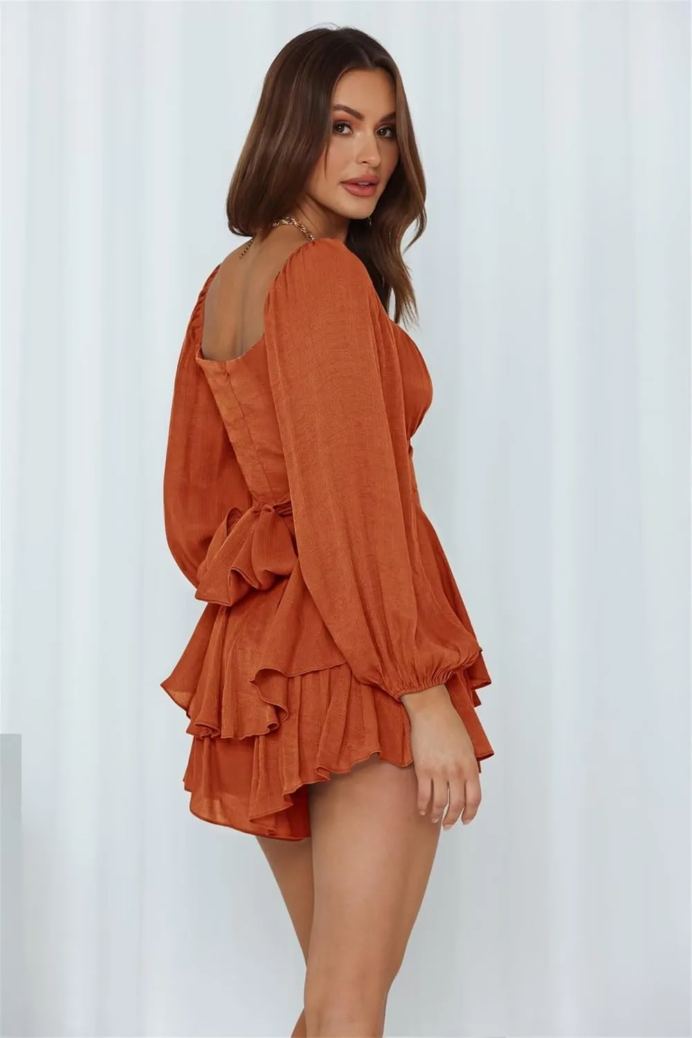 Women's Summer Dress Dexy Deep V-Neck Dress A-Line Knotted Dress Casual Ruched Ruffle Dress Long Sleeve Midi Dress