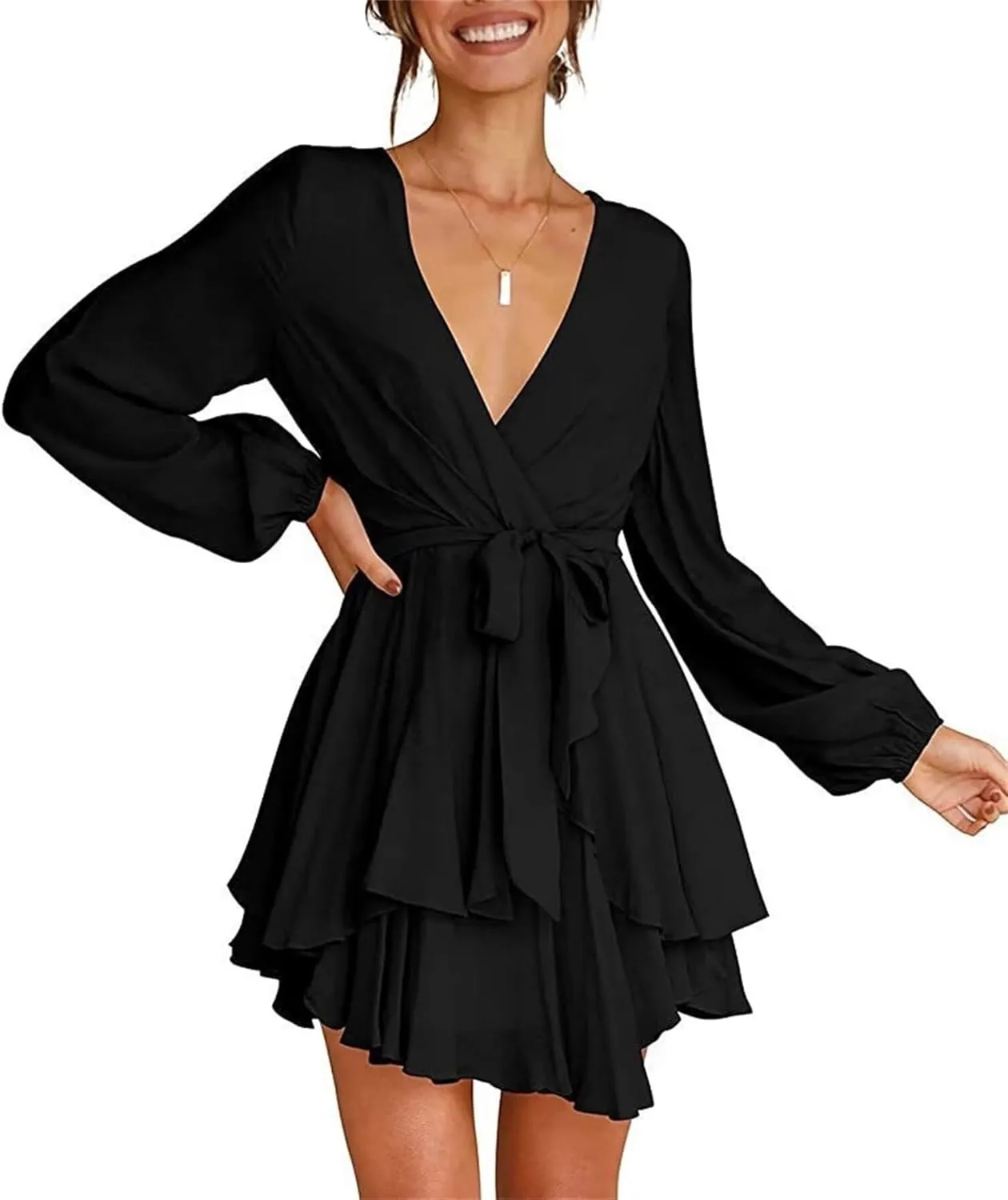 Women's Summer Dress Dexy Deep V-Neck Dress A-Line Knotted Dress Casual Ruched Ruffle Dress Long Sleeve Midi Dress