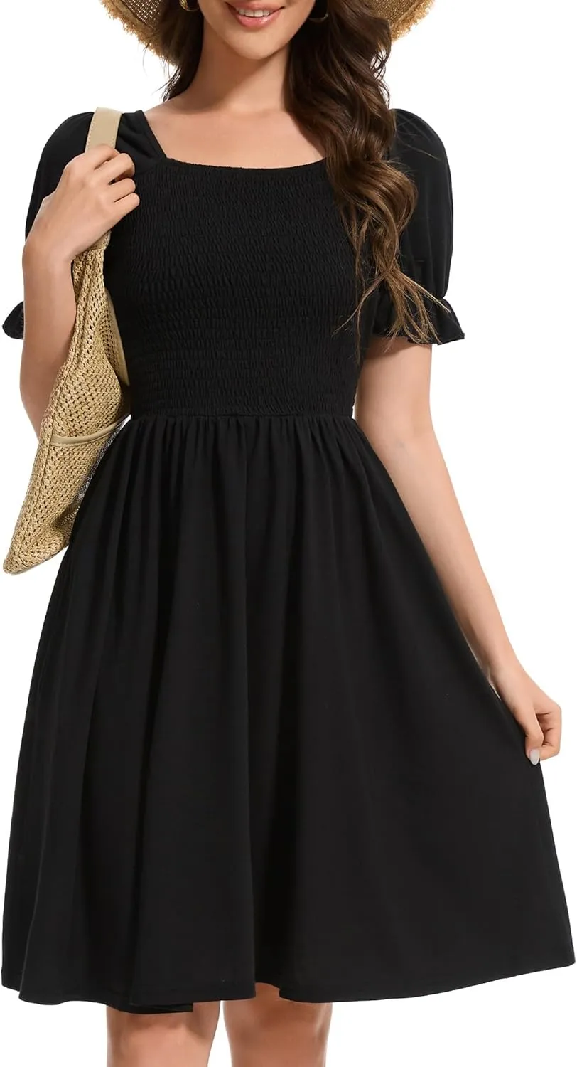 Womens Summer Dress- Square Neck Puff Sleeve Smocked Ruffle Hem A-line Mini Short Dresses
