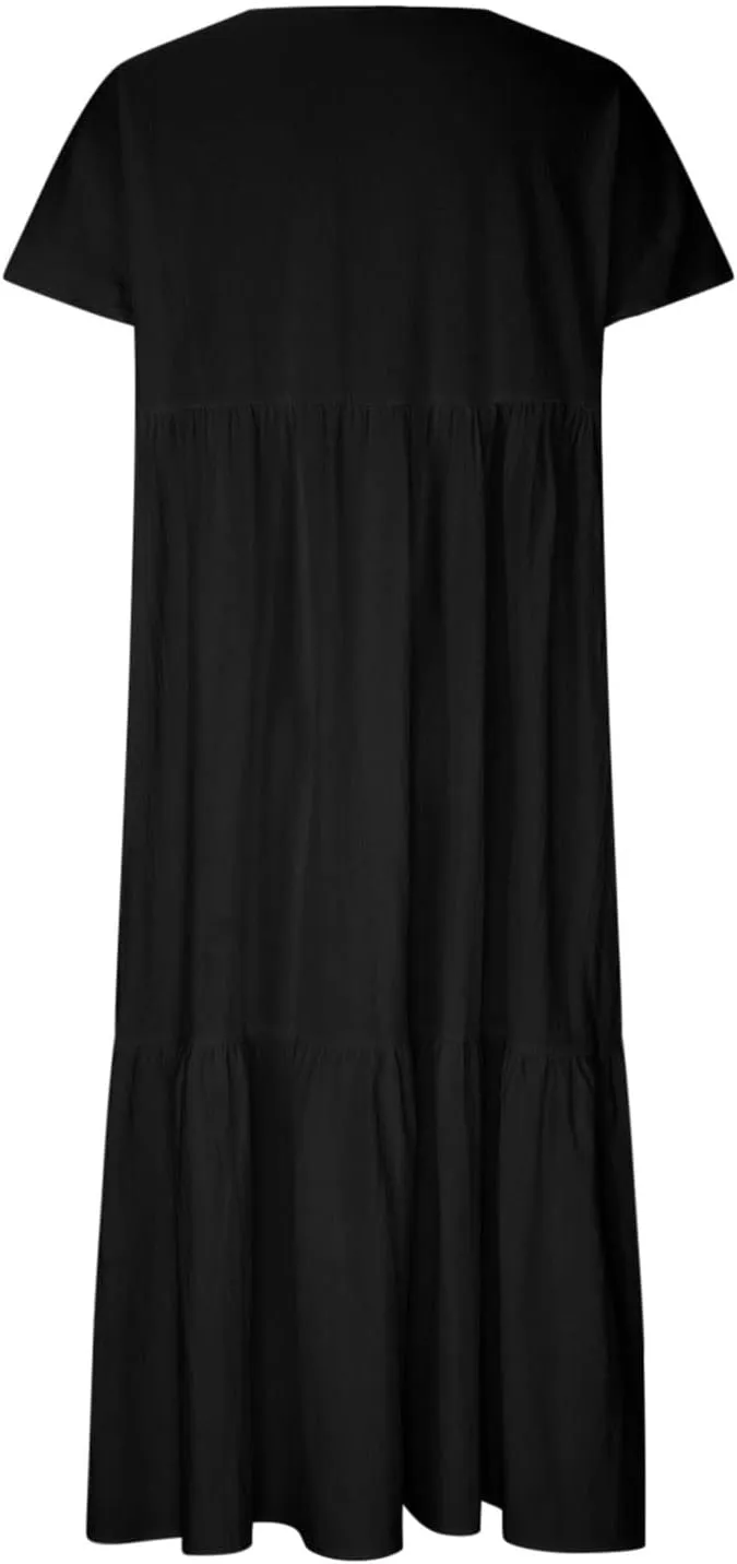Womens Summer Short Sleeve V Neck Midi Dress 2025 Fashion Casual Fit Flowy Tiered Boho Beach Vacation Sundress