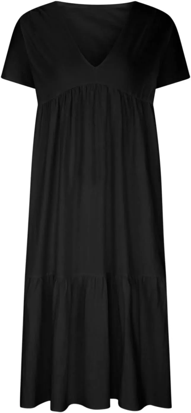 Womens Summer Short Sleeve V Neck Midi Dress 2025 Fashion Casual Fit Flowy Tiered Boho Beach Vacation Sundress