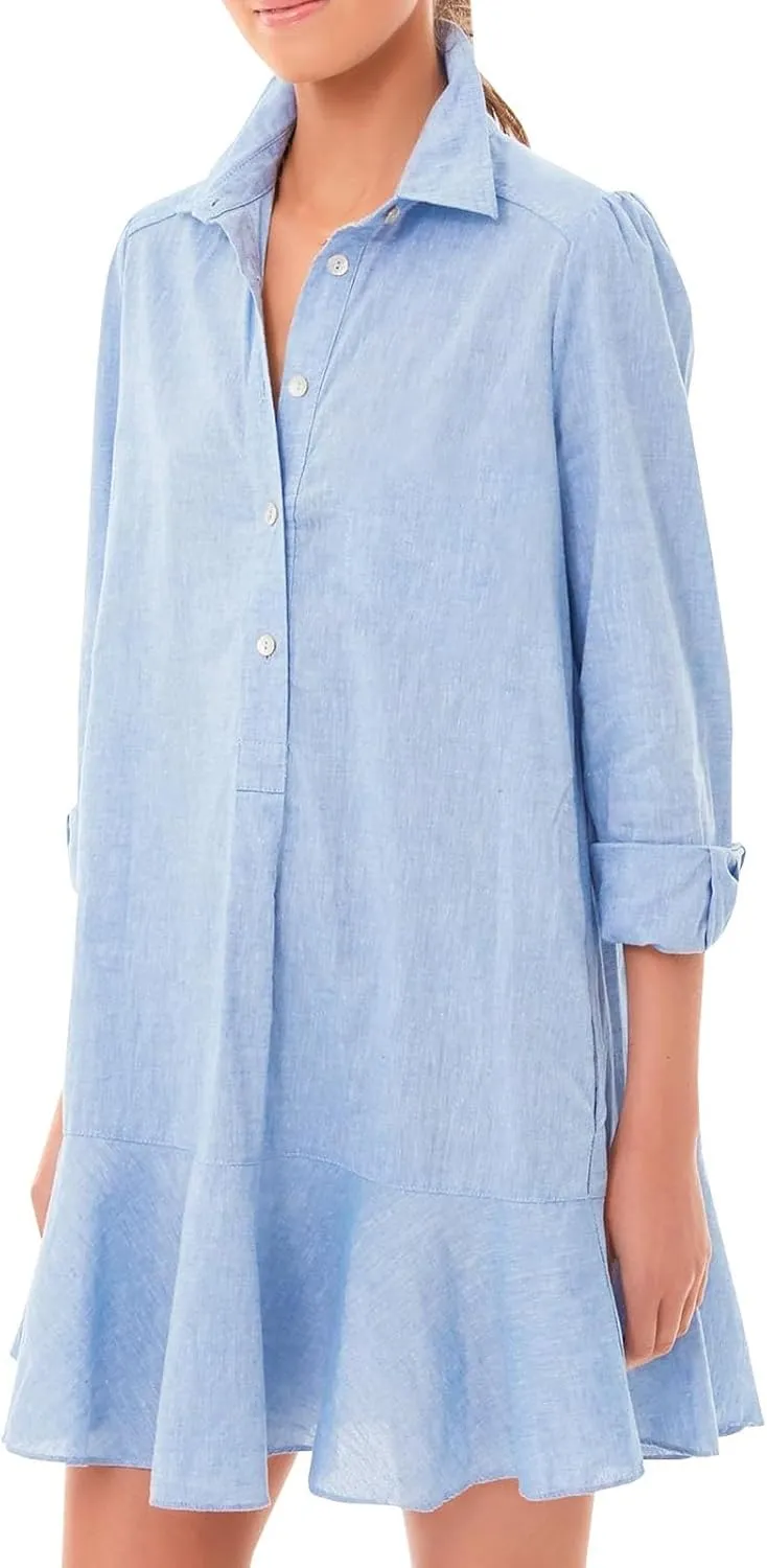 Womens T Shirt Mini Dress Long Sleeve Cotton Short Dress Button Up Ruffle Hem Dresses Ruffle Sleeve Dress Plus Size