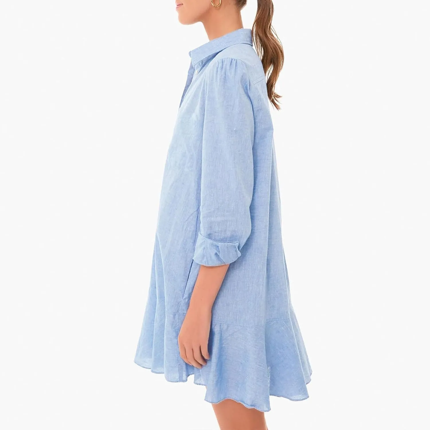 Womens T Shirt Mini Dress Long Sleeve Cotton Short Dress Button Up Ruffle Hem Dresses Ruffle Sleeve Dress Plus Size