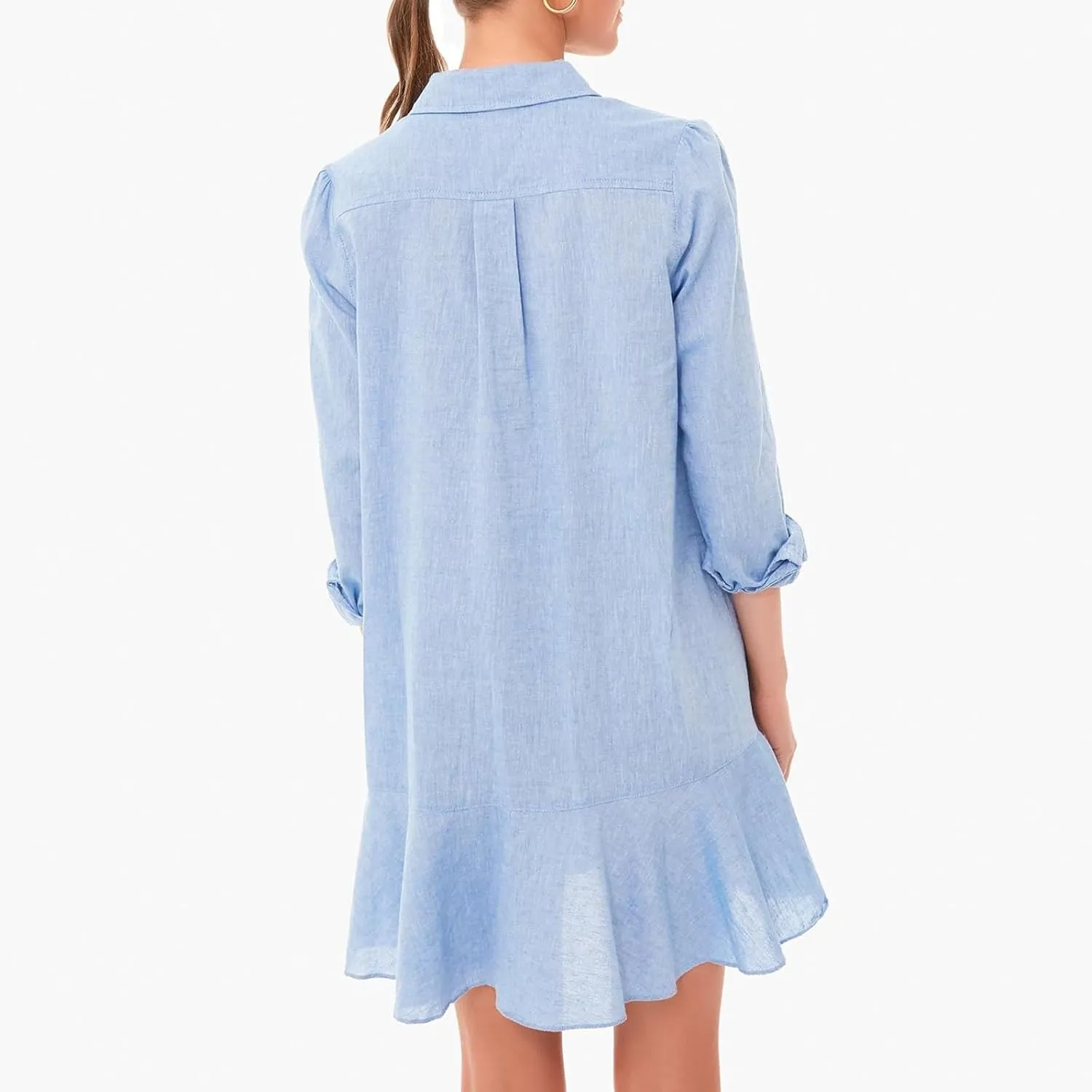 Womens T Shirt Mini Dress Long Sleeve Cotton Short Dress Button Up Ruffle Hem Dresses Ruffle Sleeve Dress Plus Size