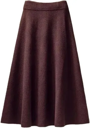 Women's Thickened Knitted Skirt Elastic Waist Solid Color A-Line Pleated Casual Midi Skirts