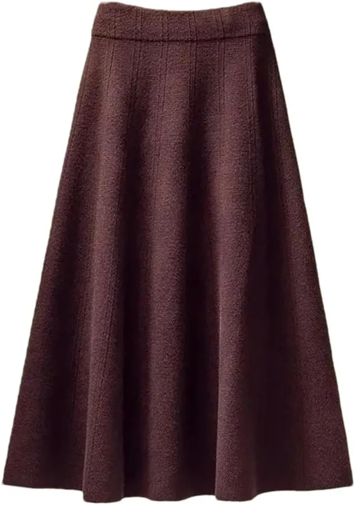 Women's Thickened Knitted Skirt Elastic Waist Solid Color A-Line Pleated Casual Midi Skirts