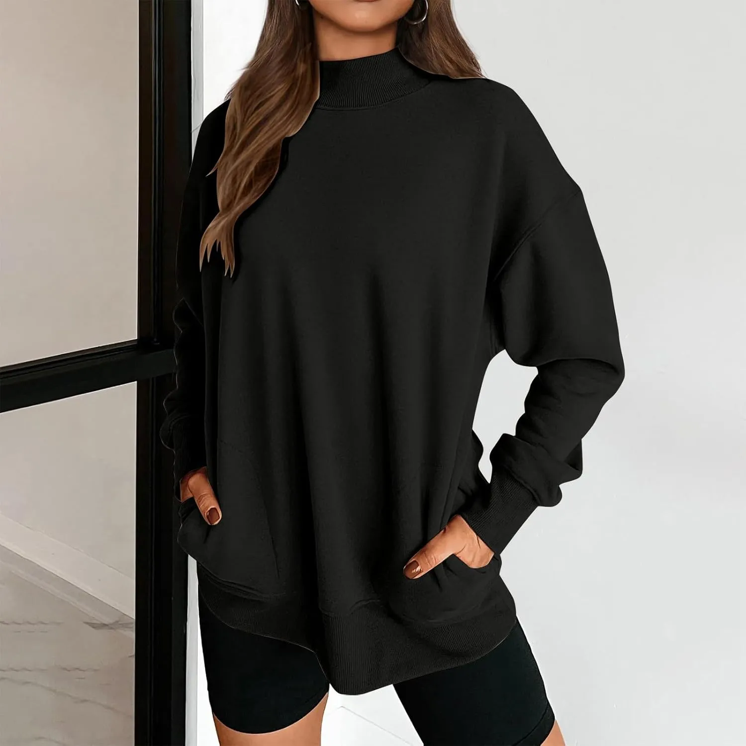 Womens Tops Casual Long Sleeve Sweatshirt Turtleneck Lightweight Coats Daily Fashion Fall Pullover Top with Pockets