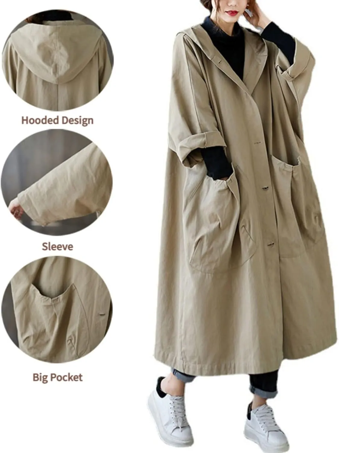 Women's Trench Coats Hooded Long Outwear Big Pocket Loose Coat Casual