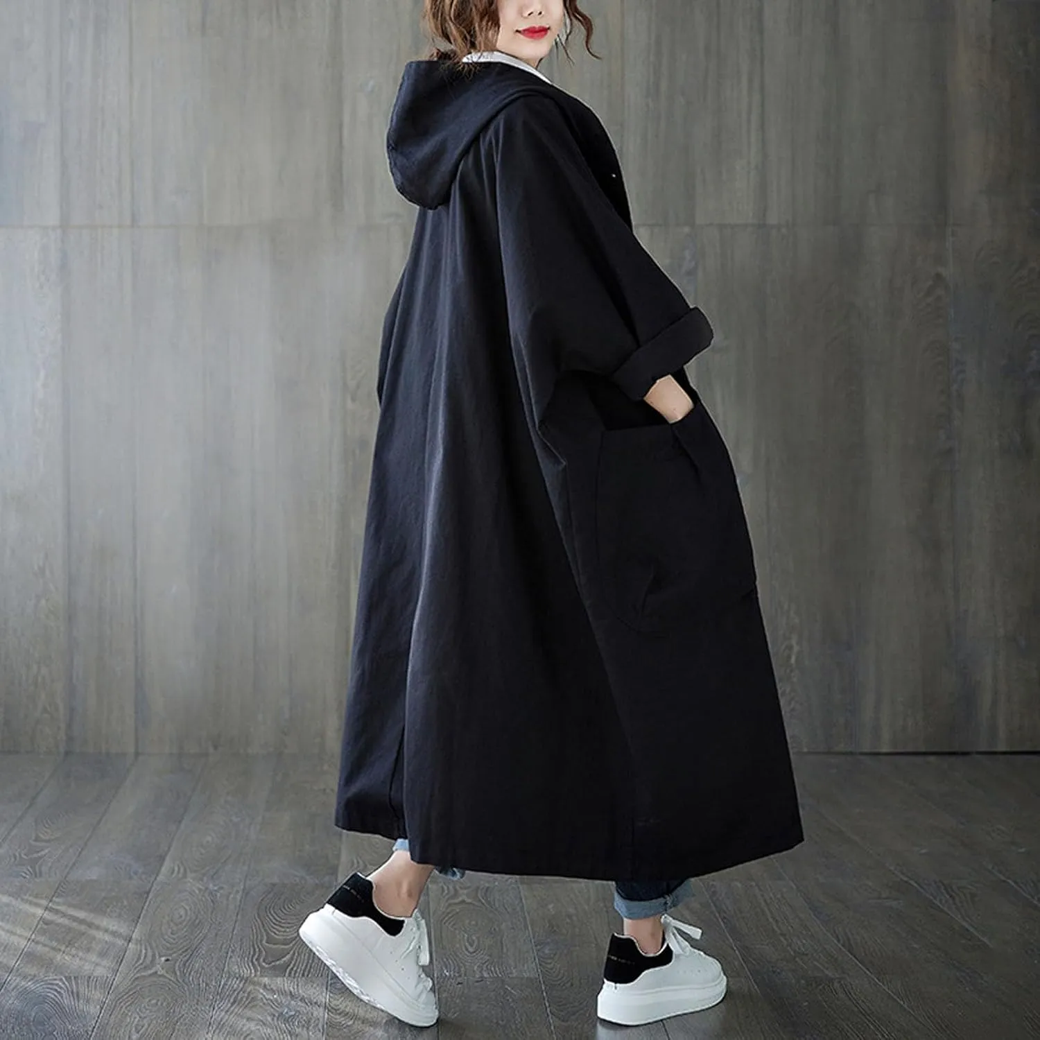 Women's Trench Coats Hooded Long Outwear Big Pocket Loose Coat Casual