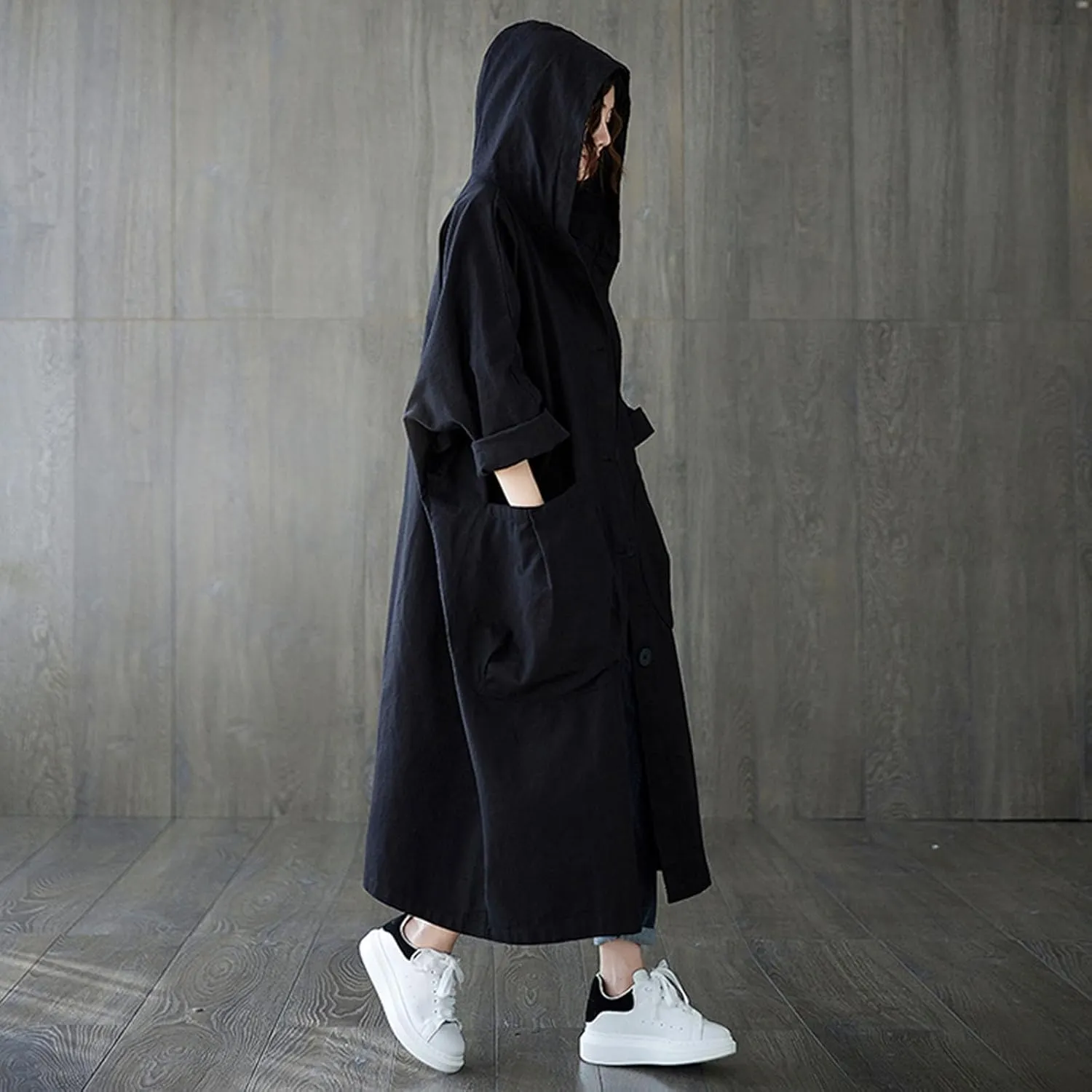 Women's Trench Coats Hooded Long Outwear Big Pocket Loose Coat Casual
