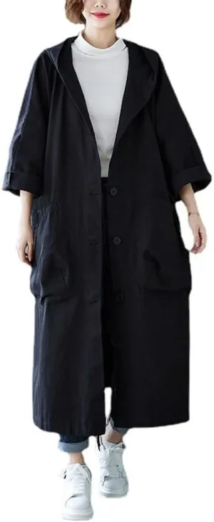 Women's Trench Coats Hooded Long Outwear Big Pocket Loose Coat Casual