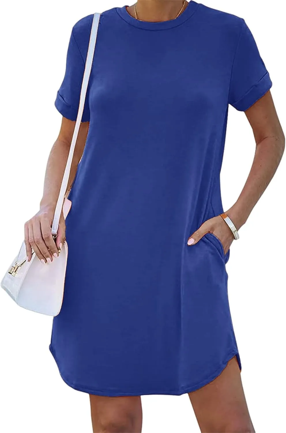 Womens Tshirt Dress Roll Up Sleeve Crew Neck Solid Mini Dresses Summer Trendy Casual Sports Dress with Pockets