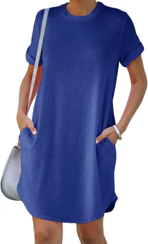 Womens Tshirt Dress Roll Up Sleeve Crew Neck Solid Mini Dresses Summer Trendy Casual Sports Dress with Pockets