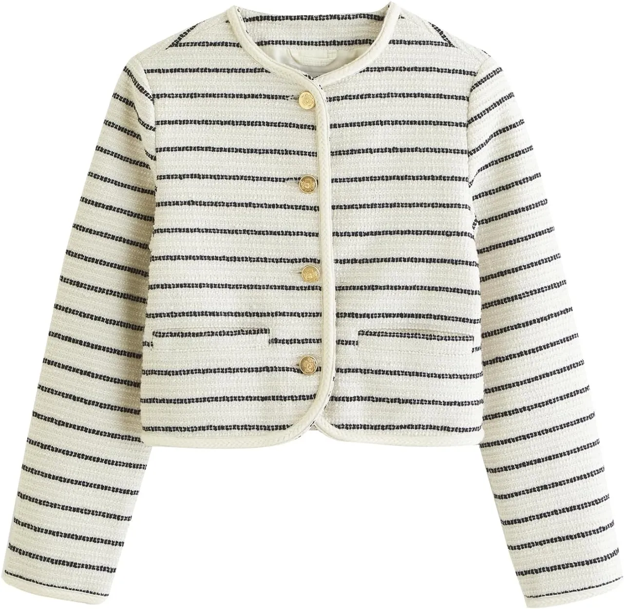 Women's Tweed Jackets Long Sleeve Crew Neck Button Down Cropped Jacket Coat with Pockets